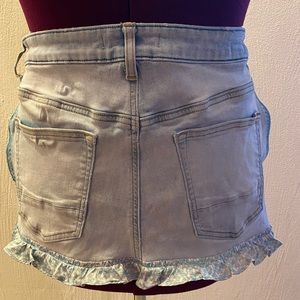 Apron: hand crafted distressed denim waist work apron with ruffle and stitching.